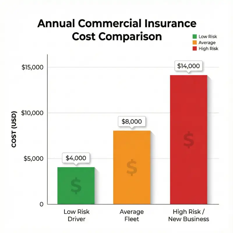 Bar chart showing the range of commercial dump truck insurance costs based on risk profile and experience.