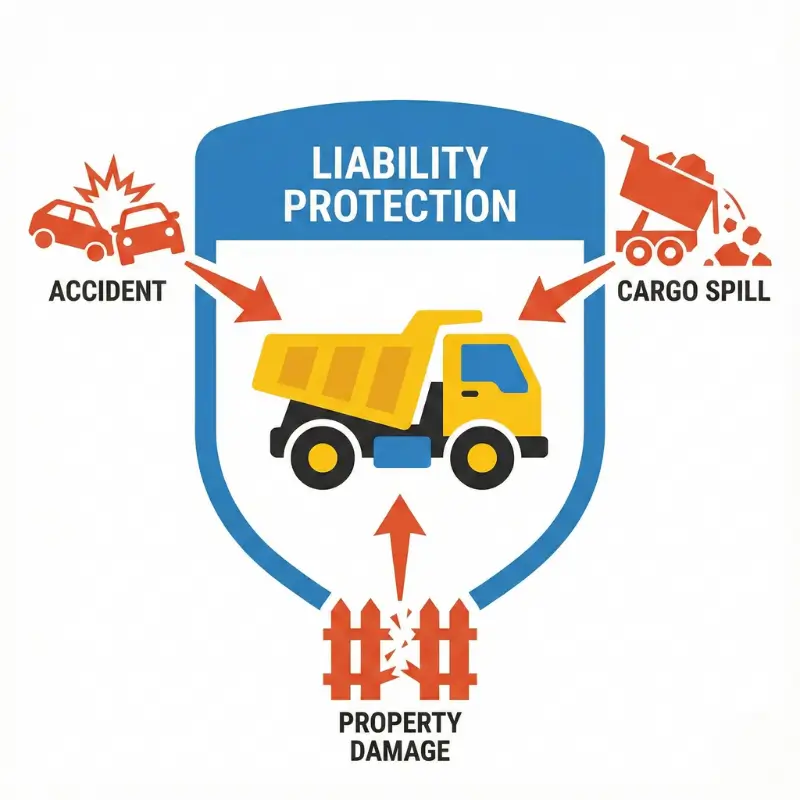 Infographic illustrating common risks covered by dump truck liability insurance: accidents, cargo spills, and property damage.