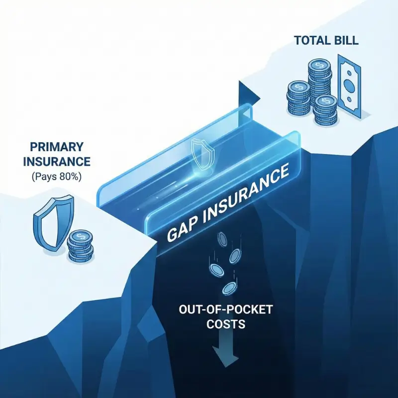 Illustration of gap health insurance acting as a bridge to cover out-of-pocket costs left by primary insurance.