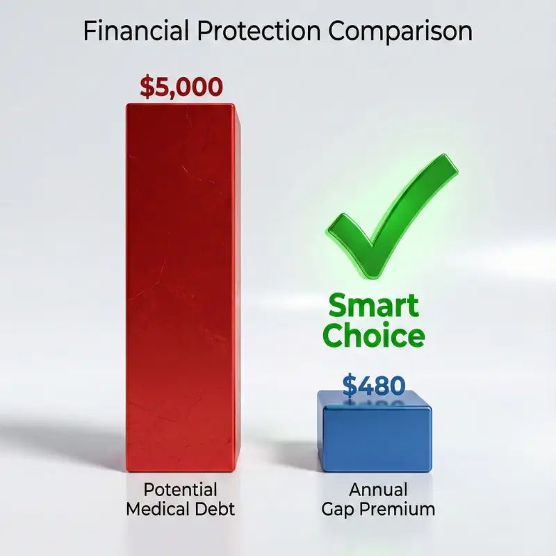 Bar chart comparing the low cost of gap insurance premiums versus the high cost of potential medical debt.