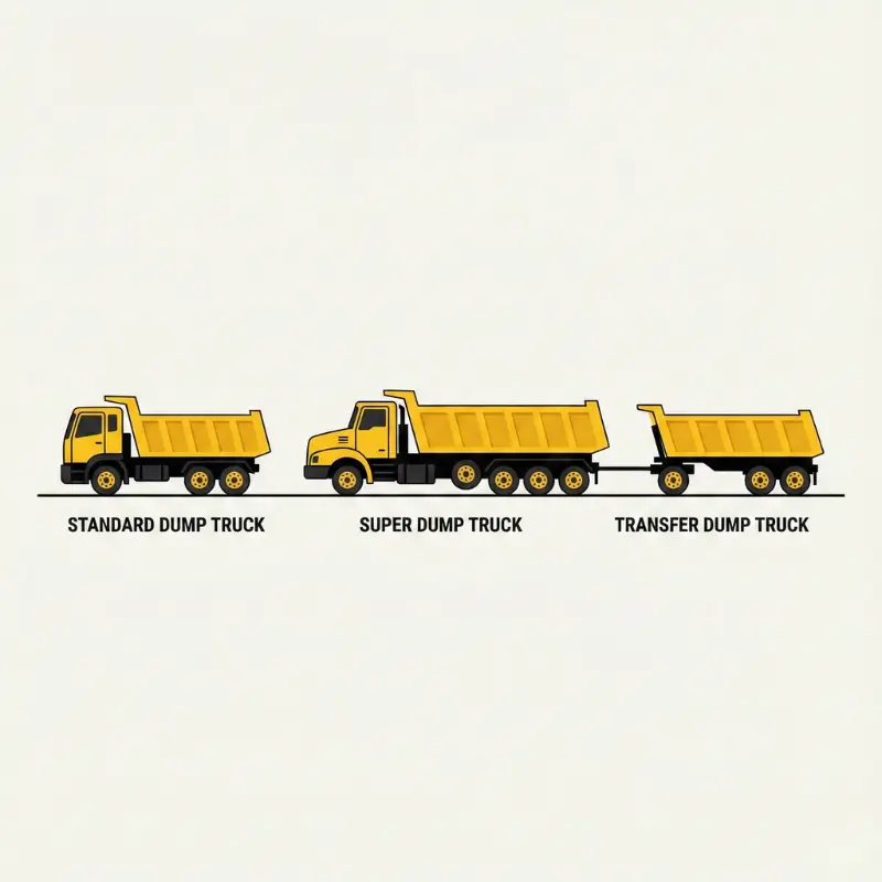 Illustration of different dump truck types that require specific commercial insurance coverage.