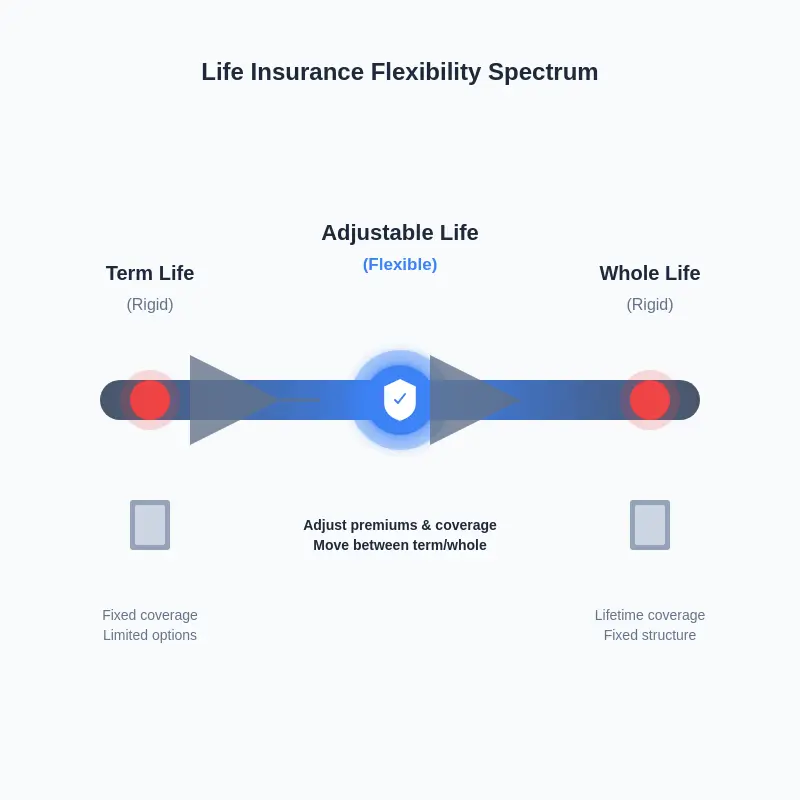 Comparison chart showing Adjustable Life Policy as the flexible middle ground between Term Life and Whole Life insurance.