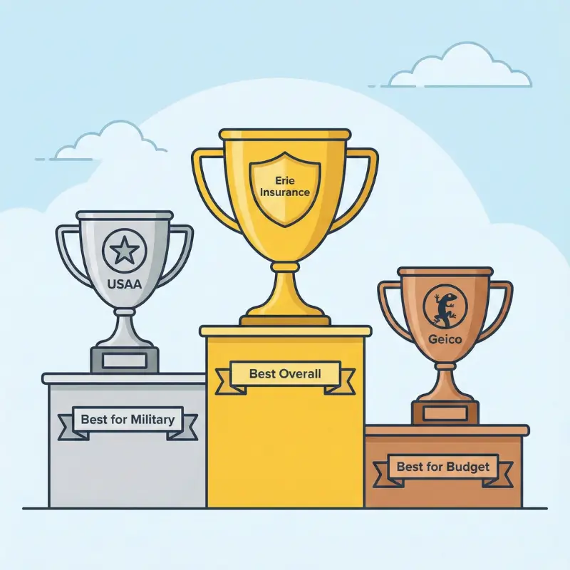 Ranking of the top 3 car insurance providers in Virginia: Erie, USAA, and Geico.