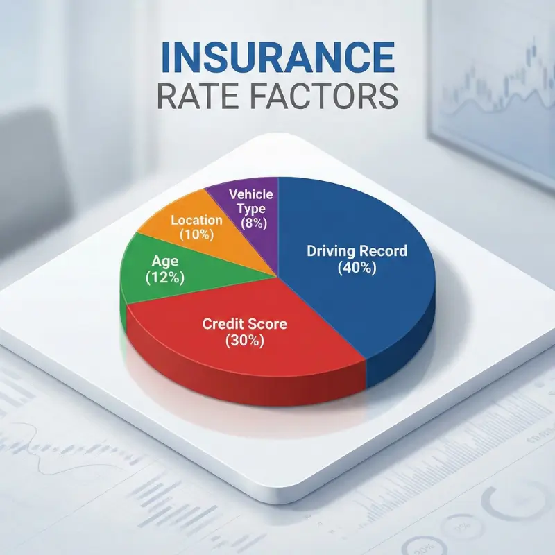 Pie chart illustrating the main factors impacting car insurance premiums in Virginia, led by driving record and credit score.