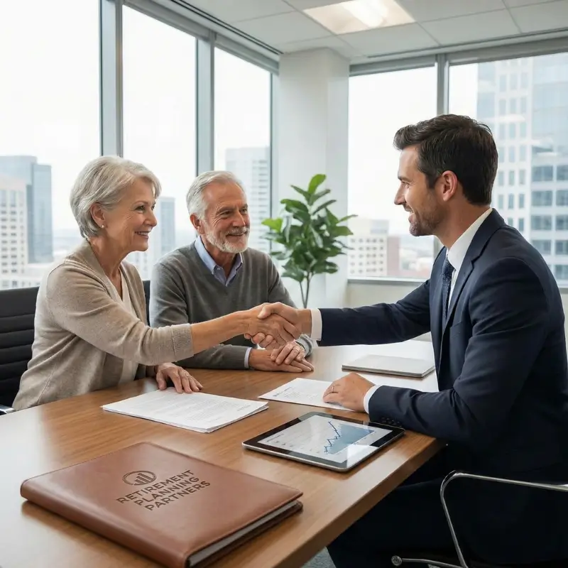 Financial advisor discussing retirement planning and insurance products with a couple, illustrating Jackson National's agent-centric sales model.