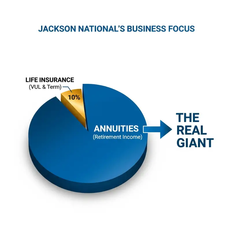 Pie chart infographic illustrating that Jackson National's primary business focus is Annuities (approx. 90%) compared to Life Insurance (approx. 10%).