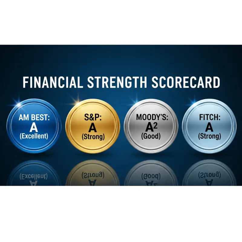 Financial scorecard graphic displaying Jackson National's strong ratings from AM Best (A), S&P (A), Moody's (A2), and Fitch (A).