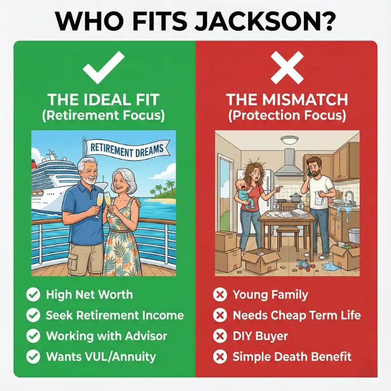 Comparison infographic showing Jackson National is suited for wealthy retirees seeking income, and mismatched for young families seeking simple term life insurance.