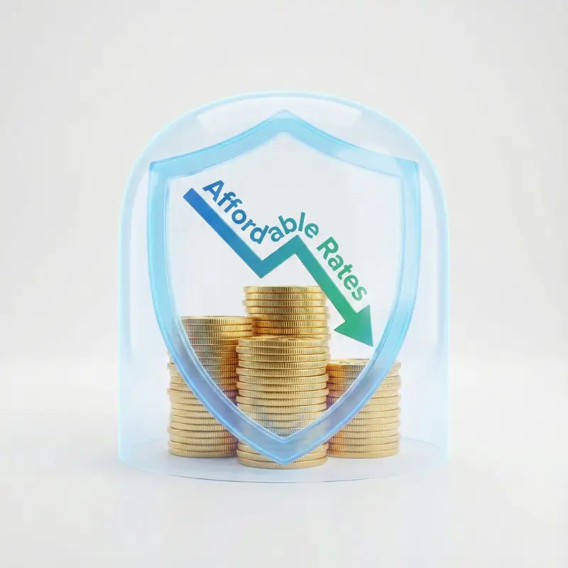 Stack of gold coins protected by a blue shield illustrating affordable rates for term life insurance without medical exam.