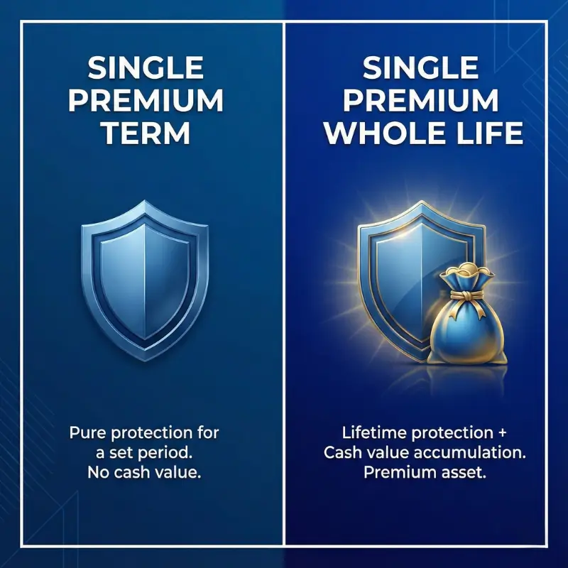 Visual comparison between Single Premium Term (protection only) and Single Premium Whole Life (protection plus cash value).