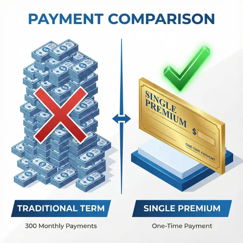 Comparison of making 300 monthly insurance payments versus one single premium payment.
