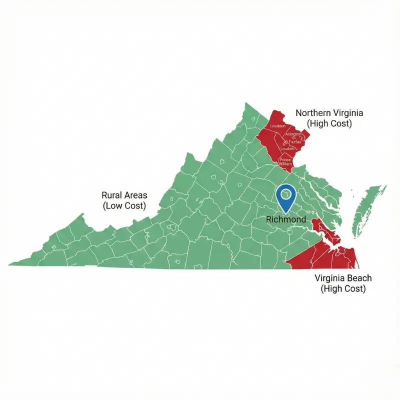 Map of Virginia showing high-cost auto insurance zones like Northern Virginia versus cheaper rural areas.