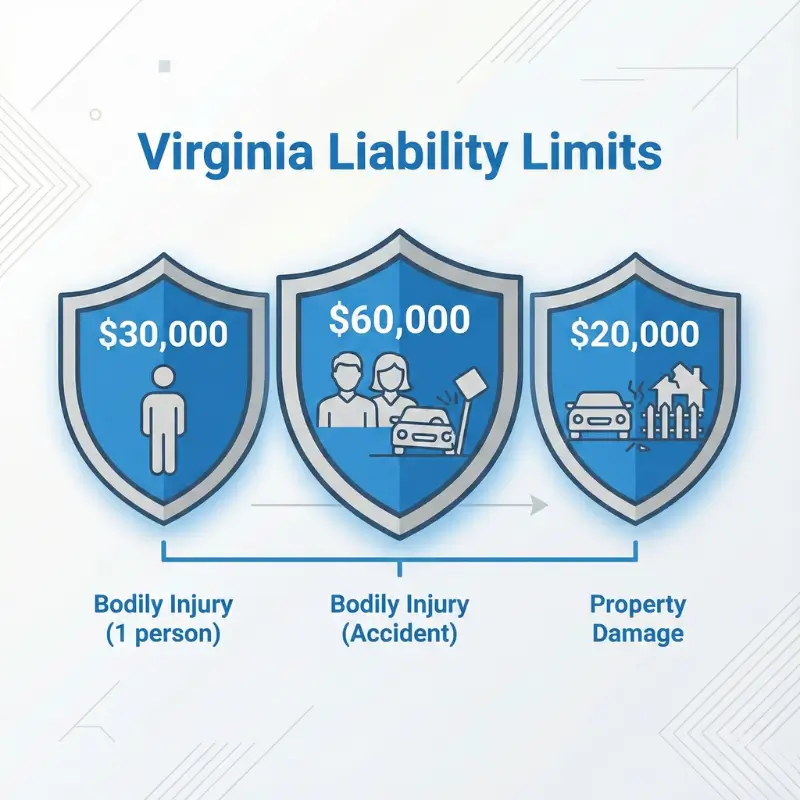 Infographic showing Virginia's state minimum liability coverage limits.