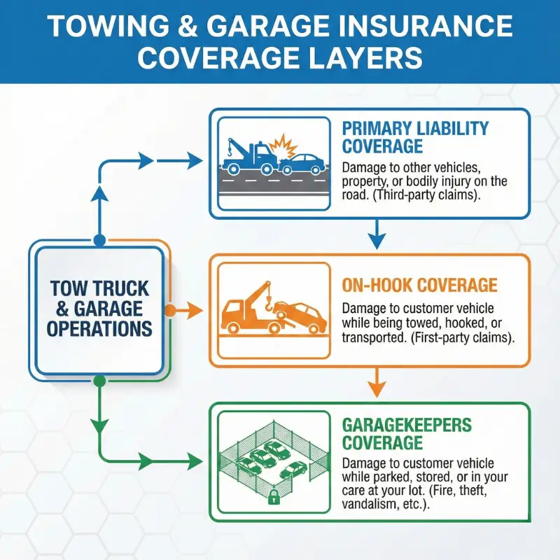 Yellow flatbed tow truck transporting a blue sedan, illustrating the need for On-Hook coverage in towing company insurance policies.