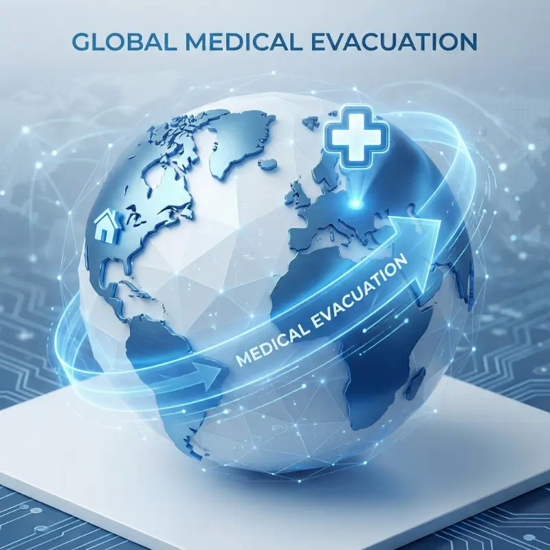 World map illustration showing medical evacuation coverage included in annual trip insurance plans.