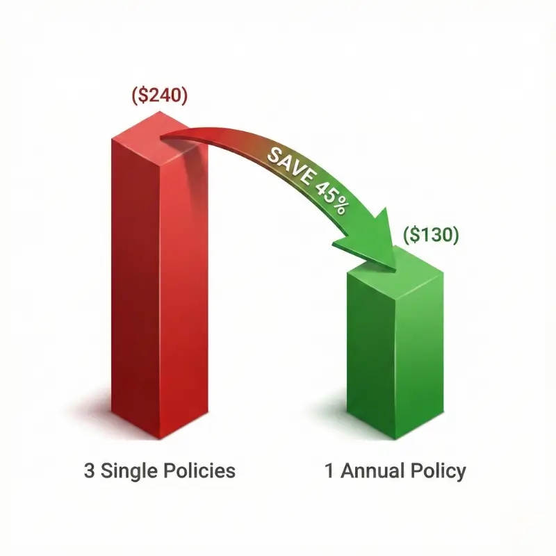 Bar chart showing that buying one annual trip insurance policy is cheaper than three single trip policies.
