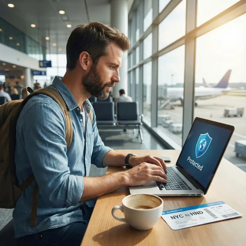 Business traveler working in an airport, protected by annual trip insurance for equipment and liability.