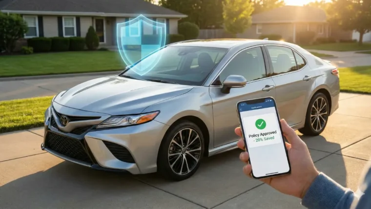 A protected used car with a digital shield and smartphone notification showing insurance savings, illustrating smart coverage choices.