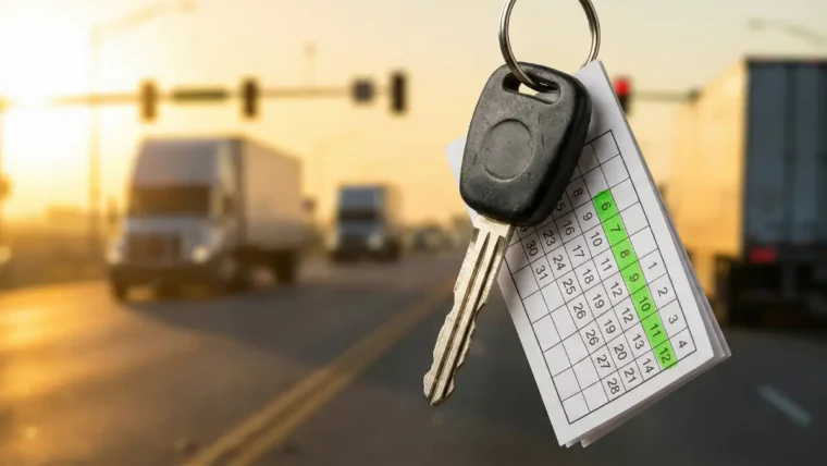 Key fob next to a 7-day highlighted calendar, representing a temporary one week truck insurance policy for commercial vehicles.