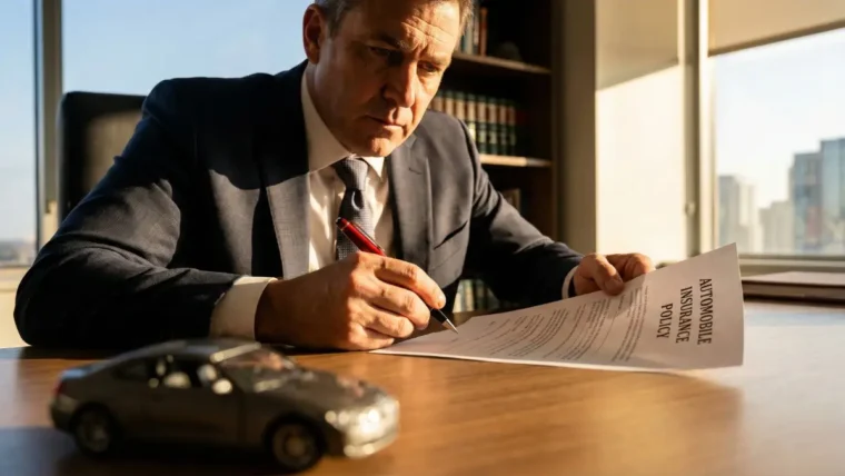 Expert car insurance lawyer reviewing a denied policy document to fight for client compensation.