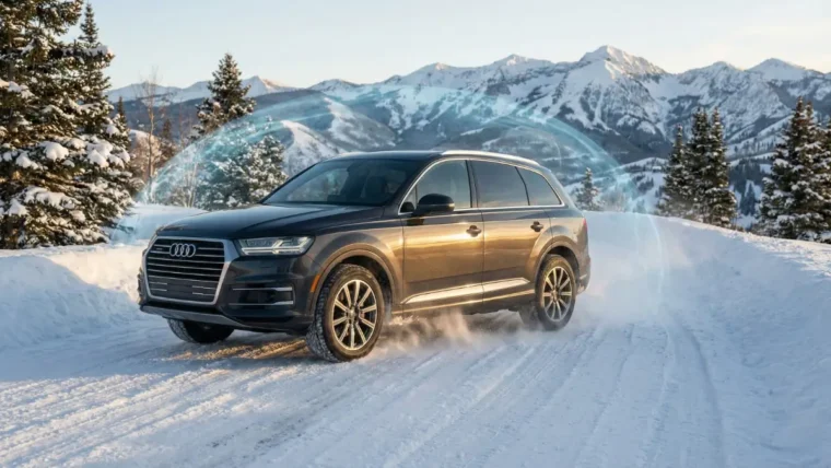 Luxury SUV driving safely on a snowy mountain road in Park City, Utah, protected by comprehensive winter car insurance coverage.