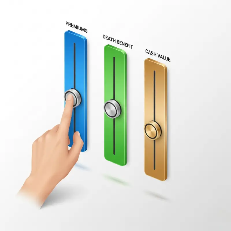 Interface showing the three adjustable levers of the policy: Premiums, Death Benefit, and Cash Value