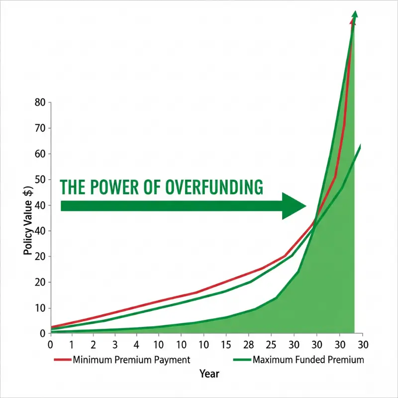 Financial chart comparing slow cash value growth with minimum premiums versus exponential growth when overfunding an adjustable life policy.