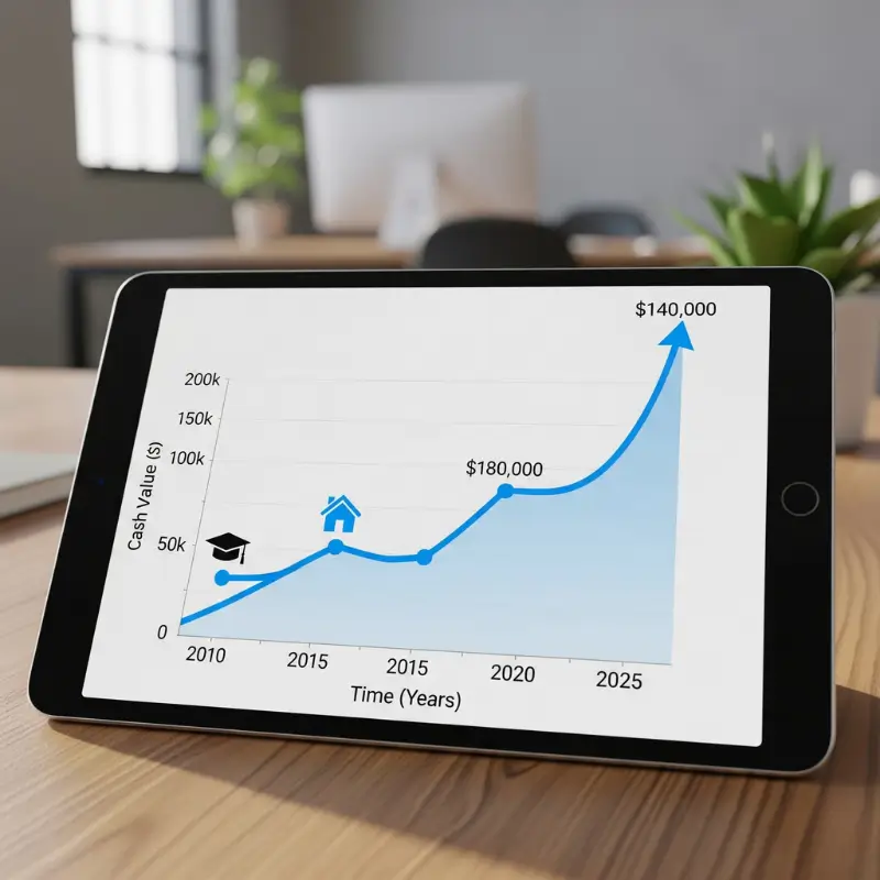 Financial projection graph showing the cash value accumulation of an adjustable life insurance policy over time.