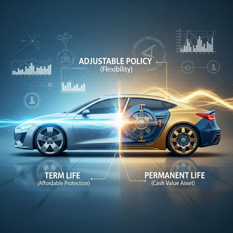 Infographic illustrating an adjustable life policy as a hybrid vehicle combining term life protection and permanent life cash value.