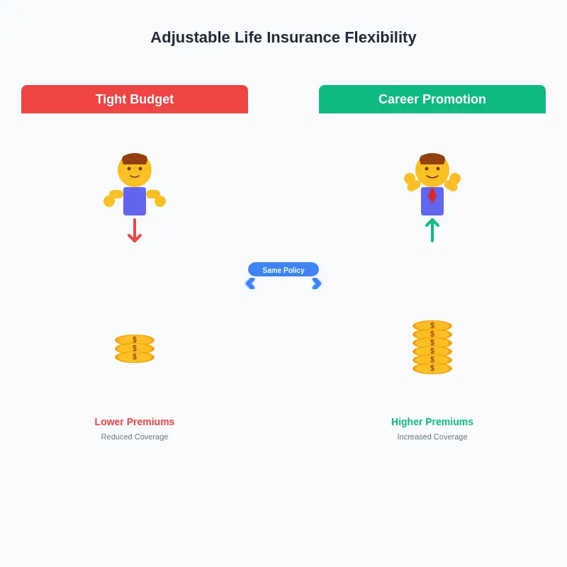 Illustration showing a policyholder adjusting insurance premiums based on changing income and life stages.