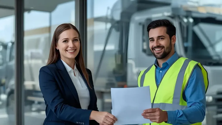 Insurance agent discussing commercial dump truck insurance coverage options with a fleet operator wearing a safety vest.