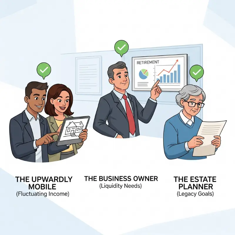 Infographic showing three personas who benefit from adjustable life insurance: young professionals, business owners, and estate planners.