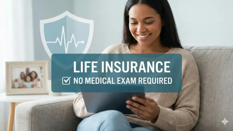Woman reviewing life insurance without medical exam options on a tablet - Fast approval process
