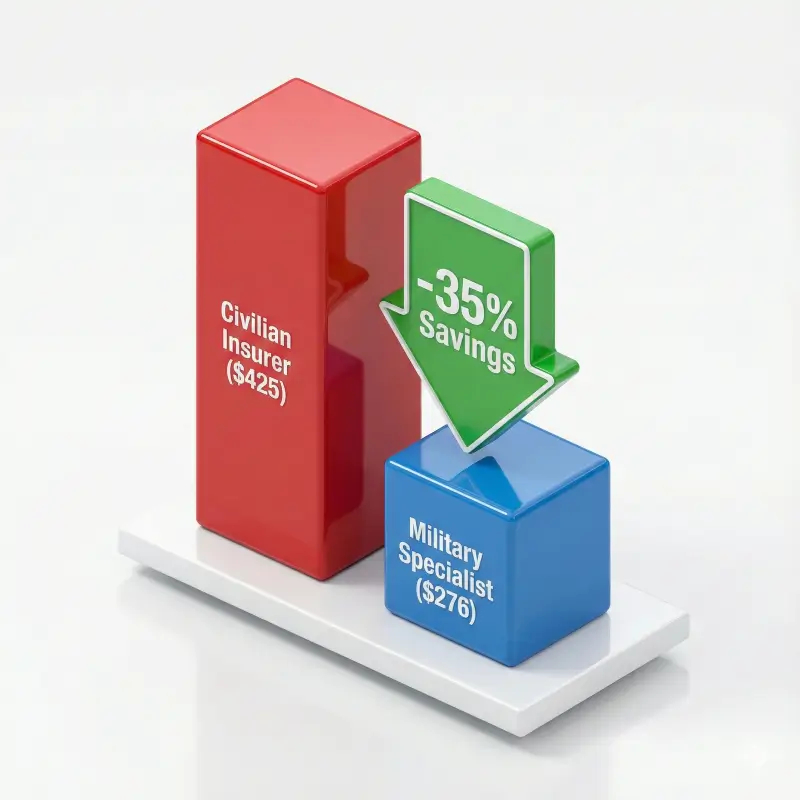 Cost comparison chart showing 35% savings with military-specific life insurance providers like USAA vs civilian carriers.