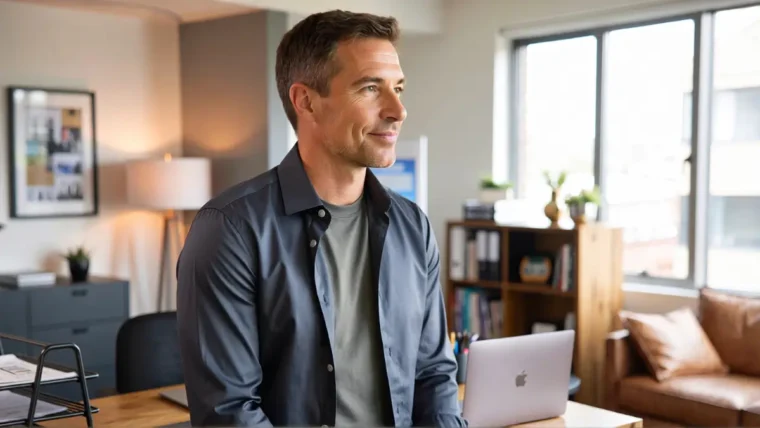 Happy veteran reviewing life insurance options and financial benefits at home.