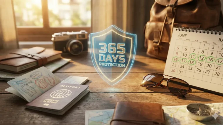 Traveler's desk with a calendar showing multiple trips protected by annual trip insurance coverage for 365 days.