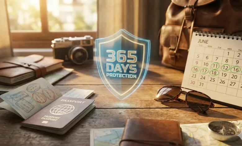 Traveler's desk with a calendar showing multiple trips protected by annual trip insurance coverage for 365 days.