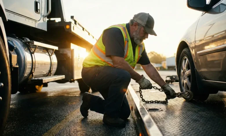 A professional tow truck driver wearing safety gear securing a vehicle on a flatbed truck, illustrating risk management for towing company insurance.